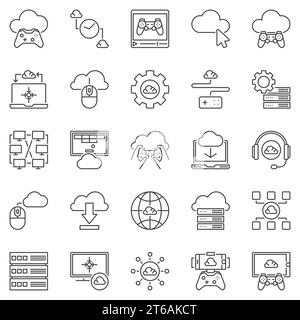 Cloud Gaming outline icons set - vector gaming on demand concept linear symbols collection Stock Vector