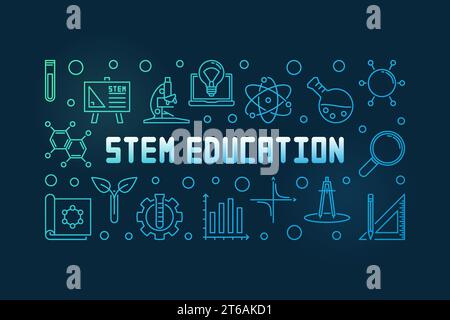STEM Education vector colorful concept linear horizontal illustration or banner on dark background Stock Vector