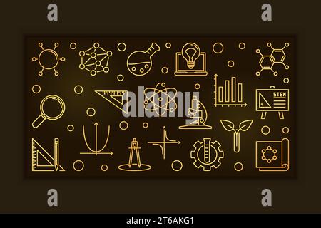 STEM vector concept golden outline horizontal banner or illustration on dark background Stock Vector