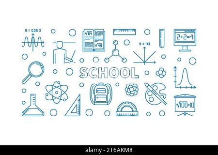 School vector blue concept horizontal banner or illustration in thin line style Stock Vector