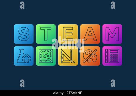 Science, Technology, Engineering, Art, and Mathematics - STEAM vector colorful modern illustration on dark background Stock Vector
