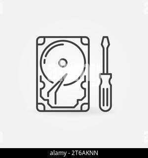 HDD with Screwdriver outline icon - vector Hard Disk Drive Repair concept symbol or design element Stock Vector