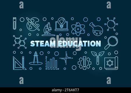 STEAM Education vector concept blue linear Science, Technology, Engineering, the Arts and Mathematics horizontal illustration on dark background Stock Vector