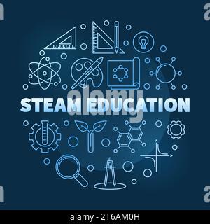 Vector STEAM Education concept blue linear round illustration on dark background Stock Vector