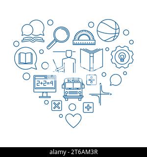 Blue School icons in Heart shape. Vector outline Education concept illustration Stock Vector