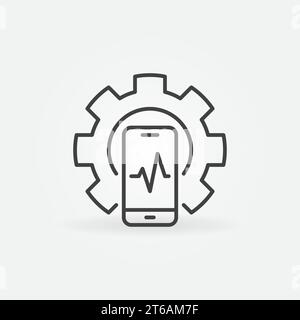 Smartphone inside Cog outline icon - vector Mobile Phone Repair concept linear symbol Stock Vector