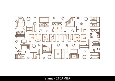 Furniture vector concept line horizontal illustration or banner on white background Stock Vector