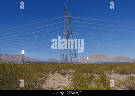 Ivanpah solar electric generating system, shown in the Mojave Desert. Stock Photo