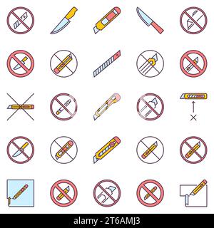 Stationery Knife or Cutter Forbidden modern icons set - Do not use Knife caution and attention colored symbols Stock Vector