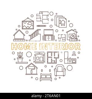 Home Interior vector circular concept minimal illustration in outline style Stock Vector