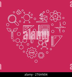 Science, Technology, Engineering and Math Heart outline illustration. STEM concept symbol on red background Stock Vector
