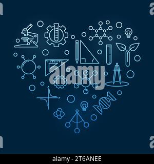 STEM Heart vector concept blue linear illustration - Science, Technology, Engineering and Math outline icons in heart shape on dark background Stock Vector