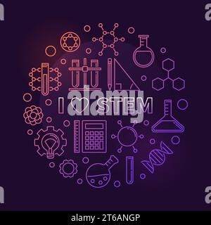 I Love STEM vector colored concept circular outline illustration on dark background Stock Vector