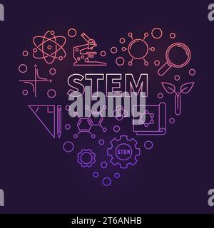 STEM colored vector heart. Science, Technology, Engineering and Mathematics Heart concept creative illustration in outline style on dark background Stock Vector