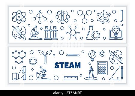 Set of 2 STEAM vector concept horizontal banners in thin line style on white background Stock Vector