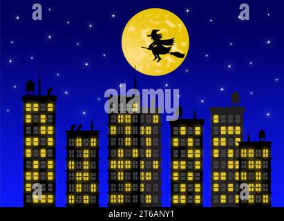 Silhouette of the witch flying over the city at night Stock Photo