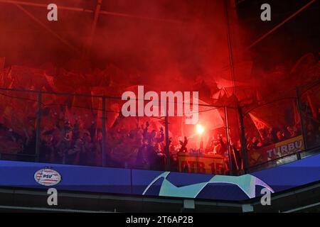 fans and supporters of RC Lens pictured with a banner with RC Lens Coupe  d'Europe Devils on it during a soccer game between t Racing Club de Lens  and AC Ajaccio, on