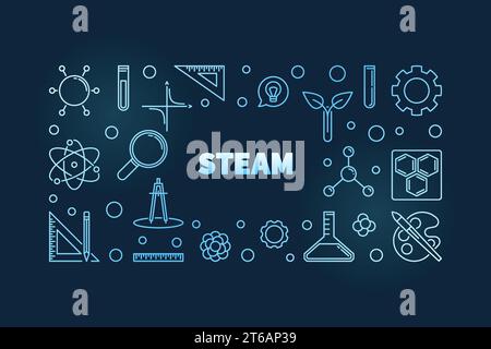 STEAM vector concept linear blue horizontal illustration on dark background Stock Vector