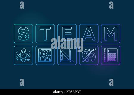 STEAM - science, technology, engineering, art and mathematics vector colorful illustration on dark background Stock Vector