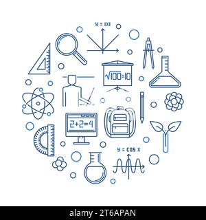 School and Education vector concept round blue linear illustration on white background Stock Vector