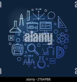 School vector concept blue round outline illustration on dark background Stock Vector