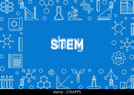 STEM concept outline minimal horizontal frame. Vector illustration with blue background Stock Vector