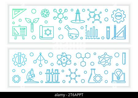 STEM vector concept colorful horizontal banners in outline style on white background Stock Vector