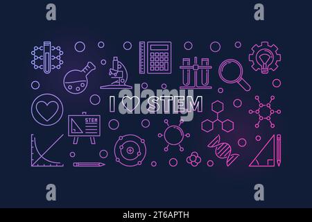 I Love STEM concept colored outline horizontal banner. Vector illustration in thin line style on dark backgroun Stock Vector