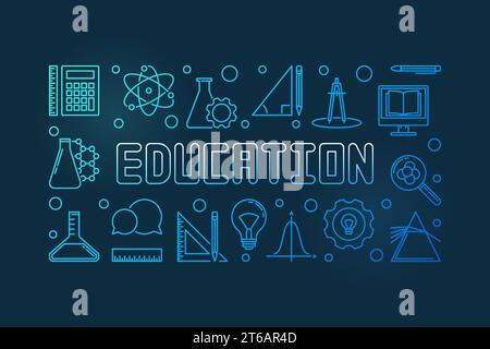 Education vector concept blue outline horizontal banner or illustration on dark background Stock Vector