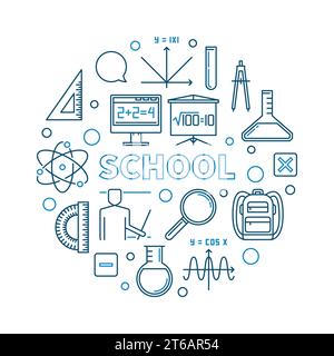 School vector concept round blue modern illustration in thin line style Stock Vector