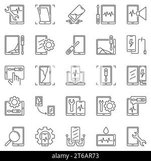 Smartphone and Tablet Repair concept outline icons set. Vector Broken Mobile Phone linear symbols Stock Vector