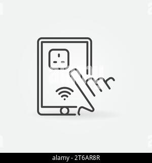 Hand with Tablet and wi fi uk smart socket app vector concept outline icon or symbol Stock Vector