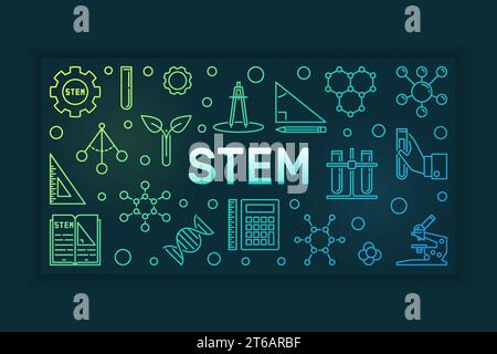 STEM vector concept colored banner or illustration in thin line style on dark background Stock Vector