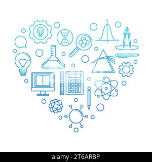 I Love School concept blue illustration. School outline icons in heart shape on white background Stock Vector
