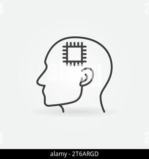 Head with Chip or Processor line icon. Cyborg or robot vector concept sign in outline style Stock Vector