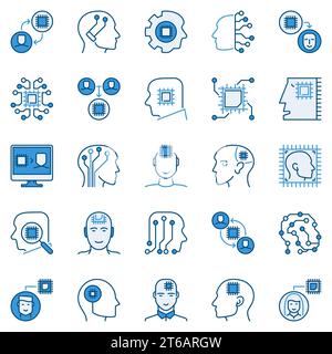AI and Machine Learning blue icons set - computer chip in human head concept creative vector symbols Stock Vector