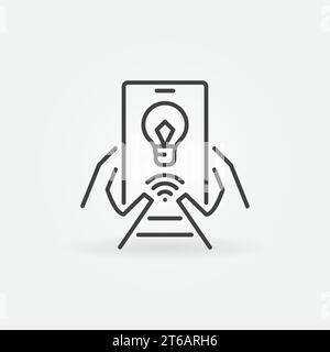 Smartphone and smart bulb app in hands vector outline icon or sign Stock Vector