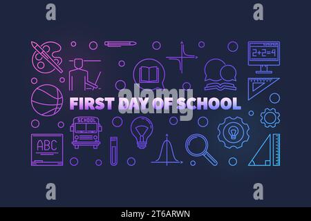 First Day of School vector colorful thin line horizontal illustration or banner on dark background Stock Vector