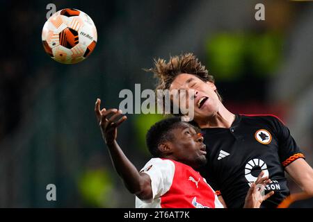 Prague, Czech Republic. 3rd May, 2023. OSCAR DORLEY of Slavia Praha fights  for the ball with Sparta's ADAM KARABEC (L) during Czech Cup of 2022-2023  at May 03, 2023, in Prague as