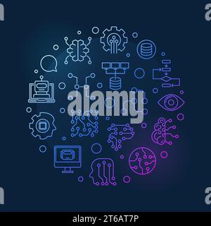 Artificial Intelligence and Machine Learning concept vector colorful round outline illustration on dark background Stock Vector