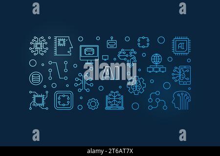 AI - Artificial Intelligence concept blue line horizontal banner. Vector illustration Stock Vector