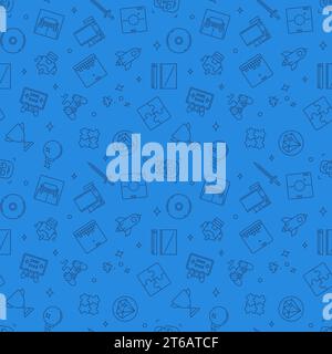 Video Games blue seamless vector pattern in outline style Stock Vector