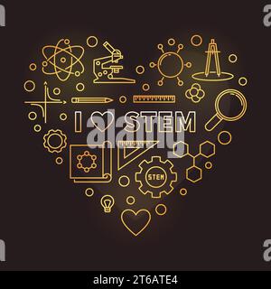 I Love STEM vector golden outline heart illustration on dark background Stock Vector