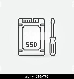 SSD with Screwdriver outline icon. Vector Solid-State Drive Repair concept sign Stock Vector