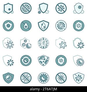 Antibacterial Defence colored icons set. Virus and Shield vector concept signs. Bacteria protection creative symbols Stock Vector