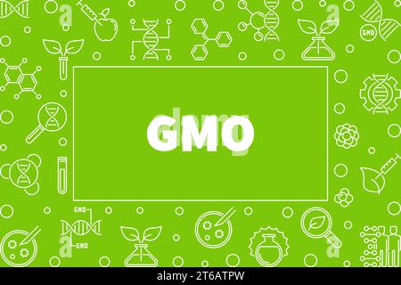 GMO horizontal frame in thin line style. Vector Genetically Modified Organism concept illustration with green background Stock Vector