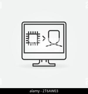 Chip with Human on Computer Display Screen outline vector concept icon or design element Stock Vector
