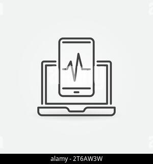Laptop with Smartphone outline icon. Vector Mobile Phone Repair concept linear symbol Stock Vector