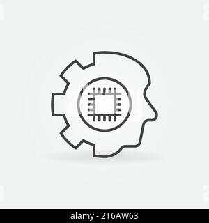 Chip inside Human Head with Gear line icon. AI and Machine Learning linear vector concept symbol Stock Vector
