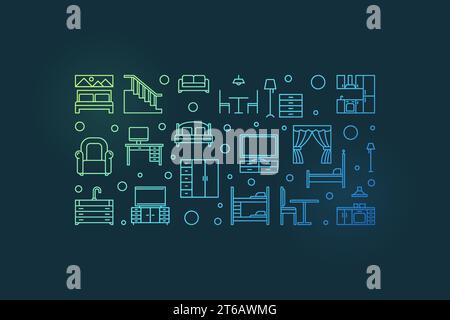 Vector Furniture concept colored horizontal illustration or banner in thin line style on dark background Stock Vector